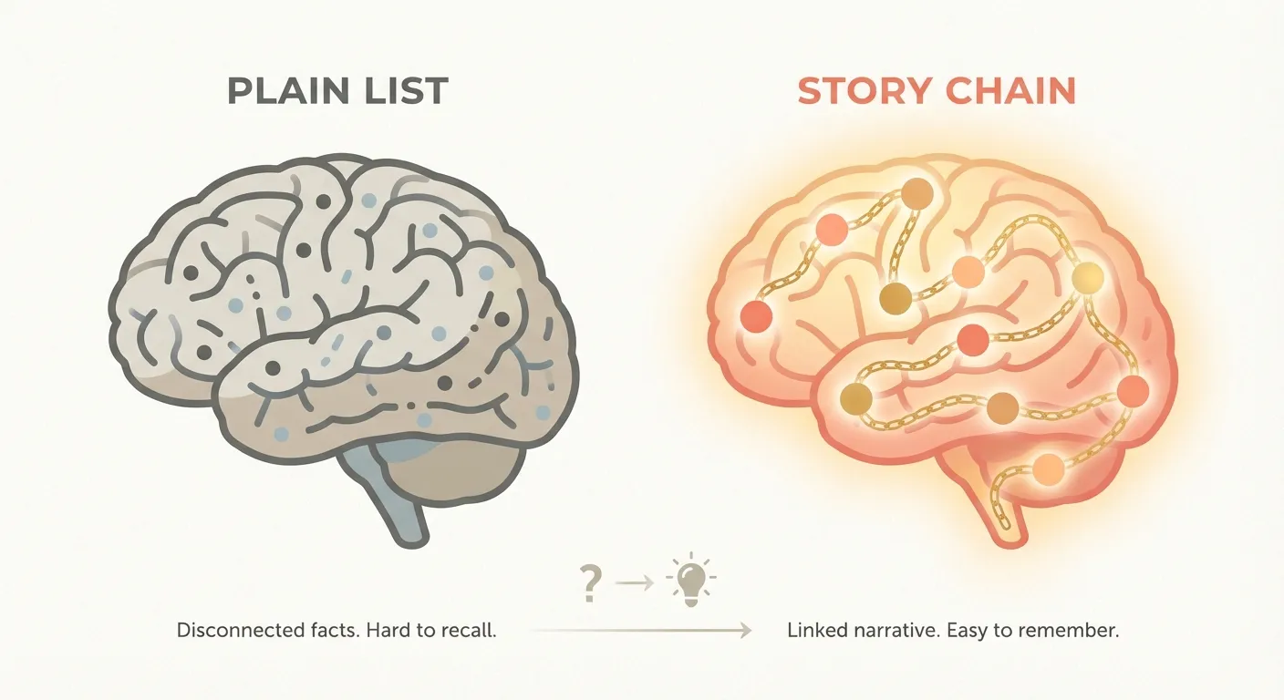 Comparison: disconnected dots for plain lists versus a connected glowing chain for story-based memory