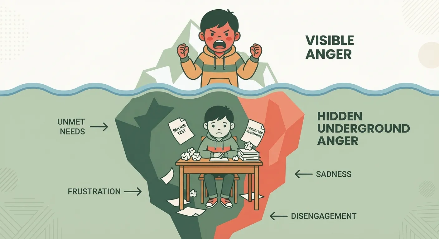 Iceberg showing visible anger above water and hidden underground anger below
