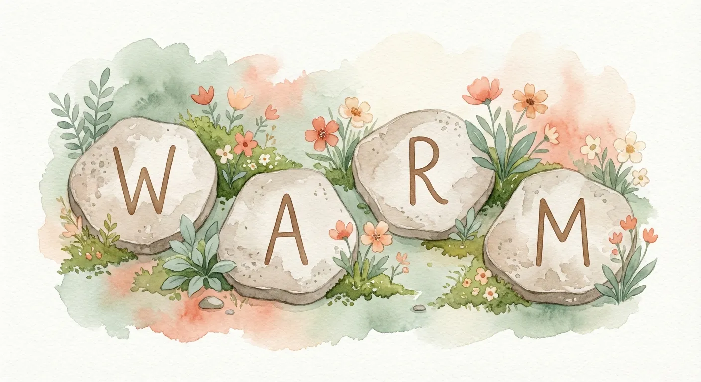 Four stepping stones labeled W, A, R, M in a peaceful garden path