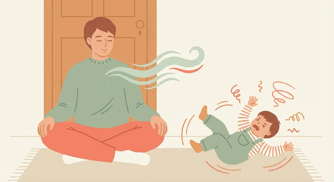 Illustration of a calm parent sitting by a door, breathing slowly, while a child's storm gradually passes