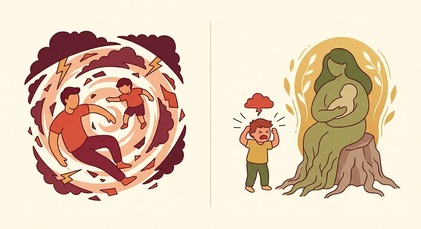 Illustration comparing two scenarios: a reactive parent creating a second storm versus a calm parent anchoring through a child's meltdown