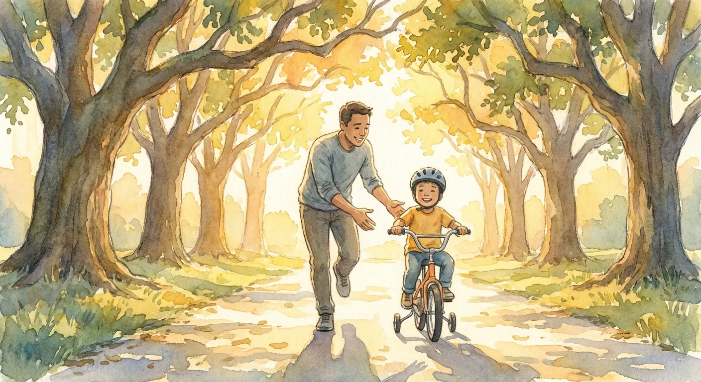 Watercolor illustration of a parent jogging alongside a child learning to ride a bicycle in golden afternoon light