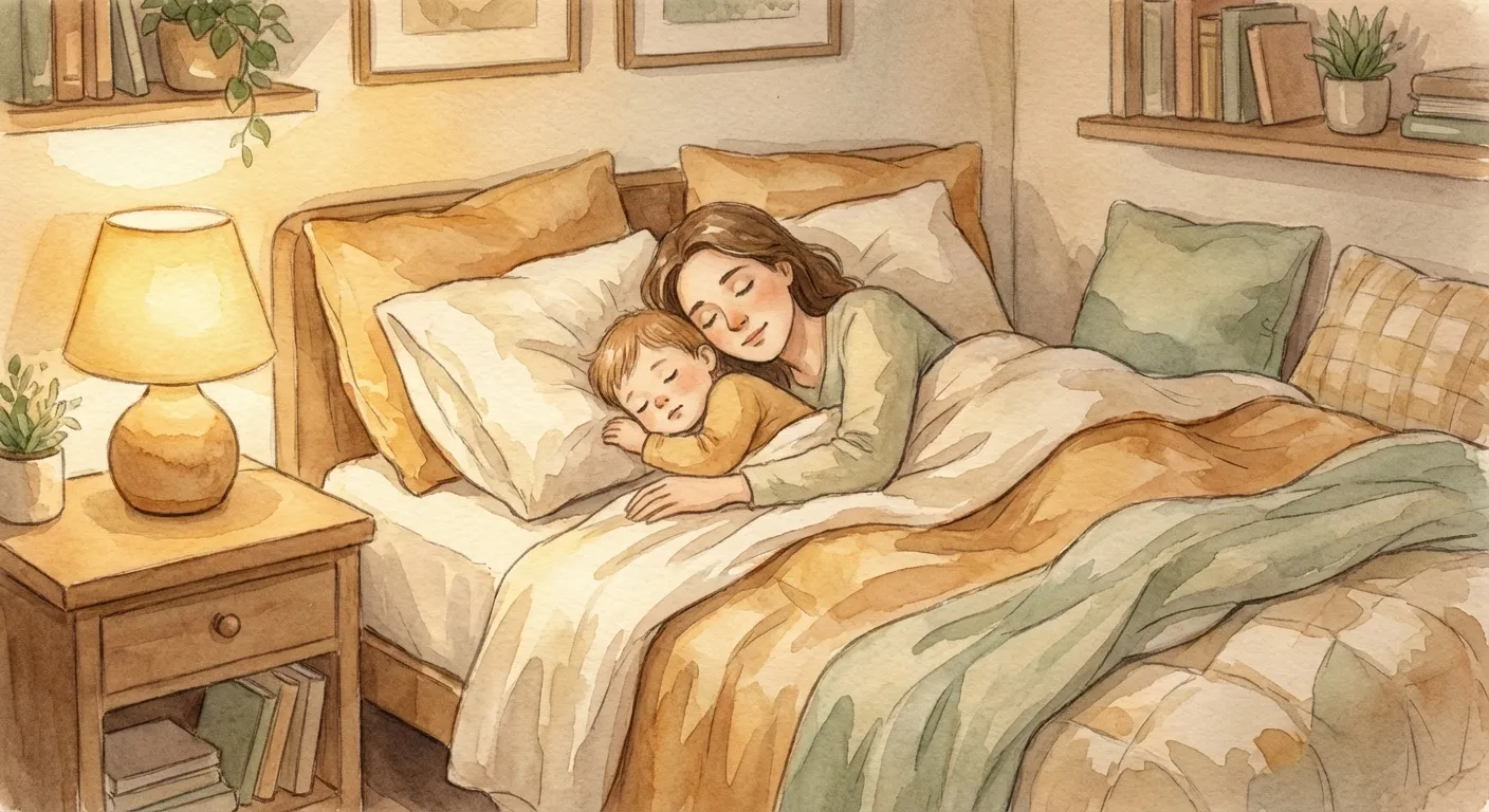 Parent and child peacefully settling into sleep together