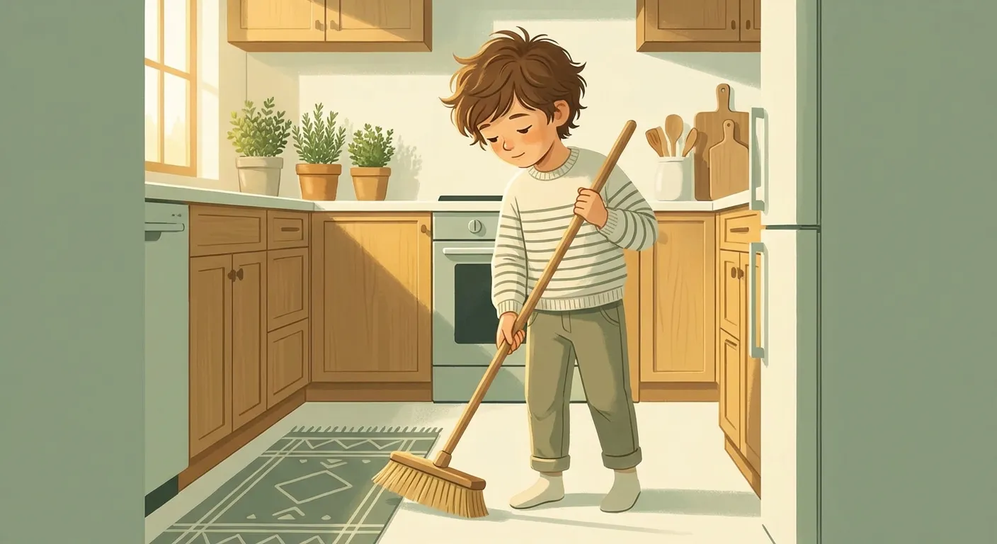 A child independently sweeping, focused and calm, not looking for approval