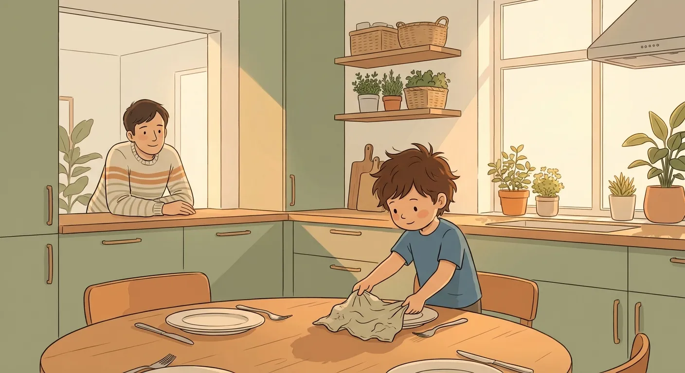 Parent calmly present as child places a folded napkin on the dinner table