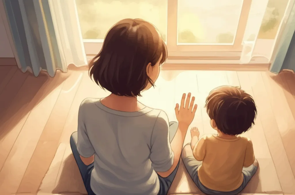 Parent and child sitting together on a living room floor in warm afternoon light — gentle but present