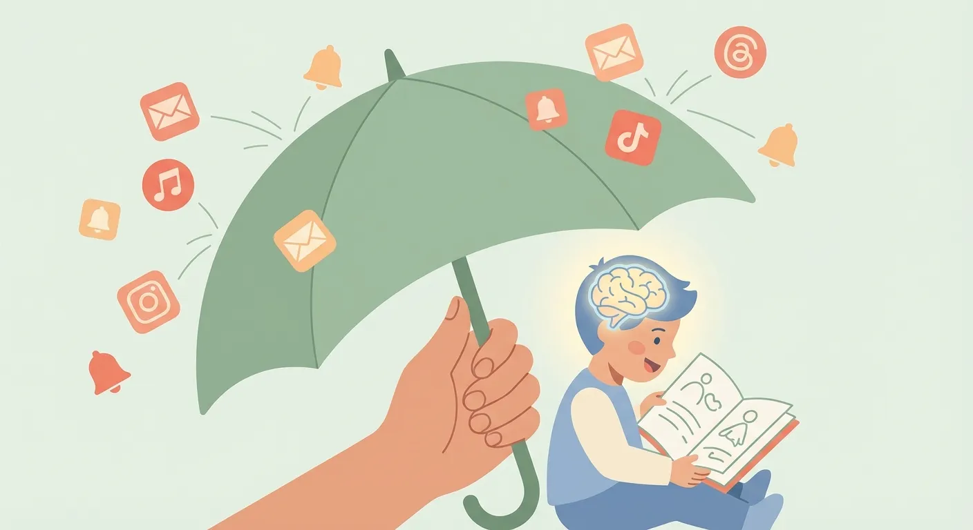 Illustration of a parent's hand holding an umbrella that shields a child's developing brain from app notifications and social media icons