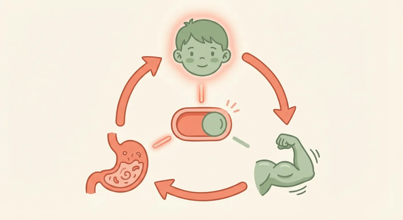 Illustration of blood flow competition between brain, stomach, and muscles