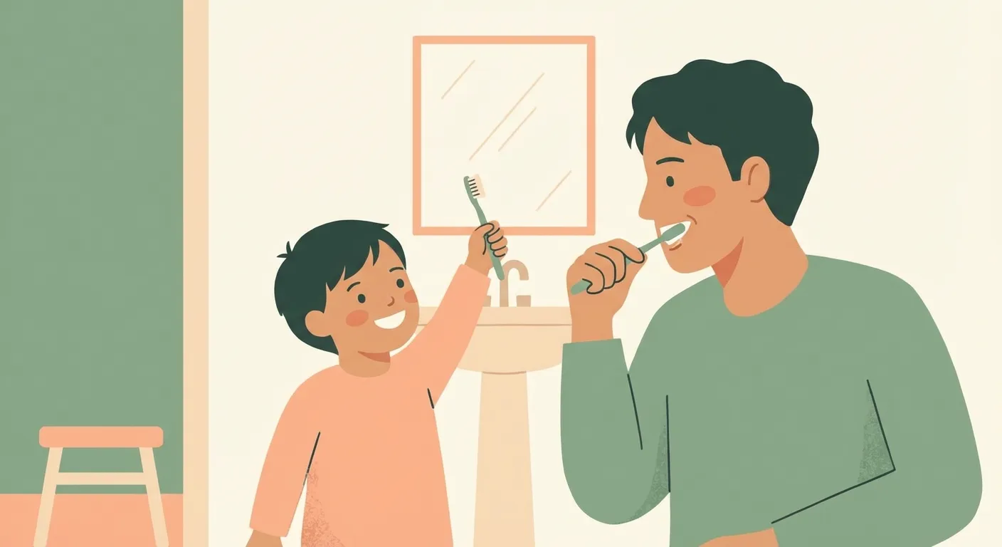 Parent and child brushing teeth together
