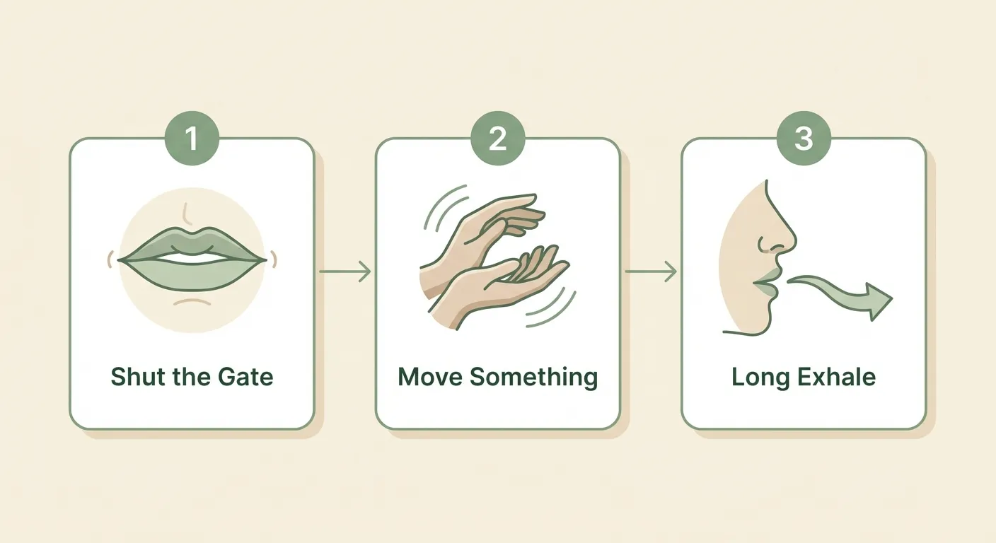 Visual diagram showing the three steps: shut the gate, move something, long exhale
