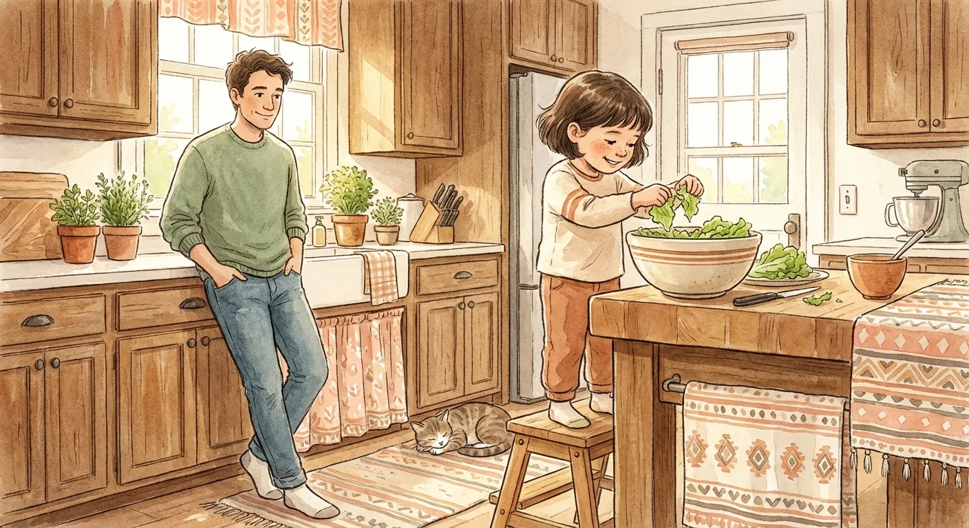 A child helping in the kitchen, tearing lettuce for a salad with a parent watching nearby