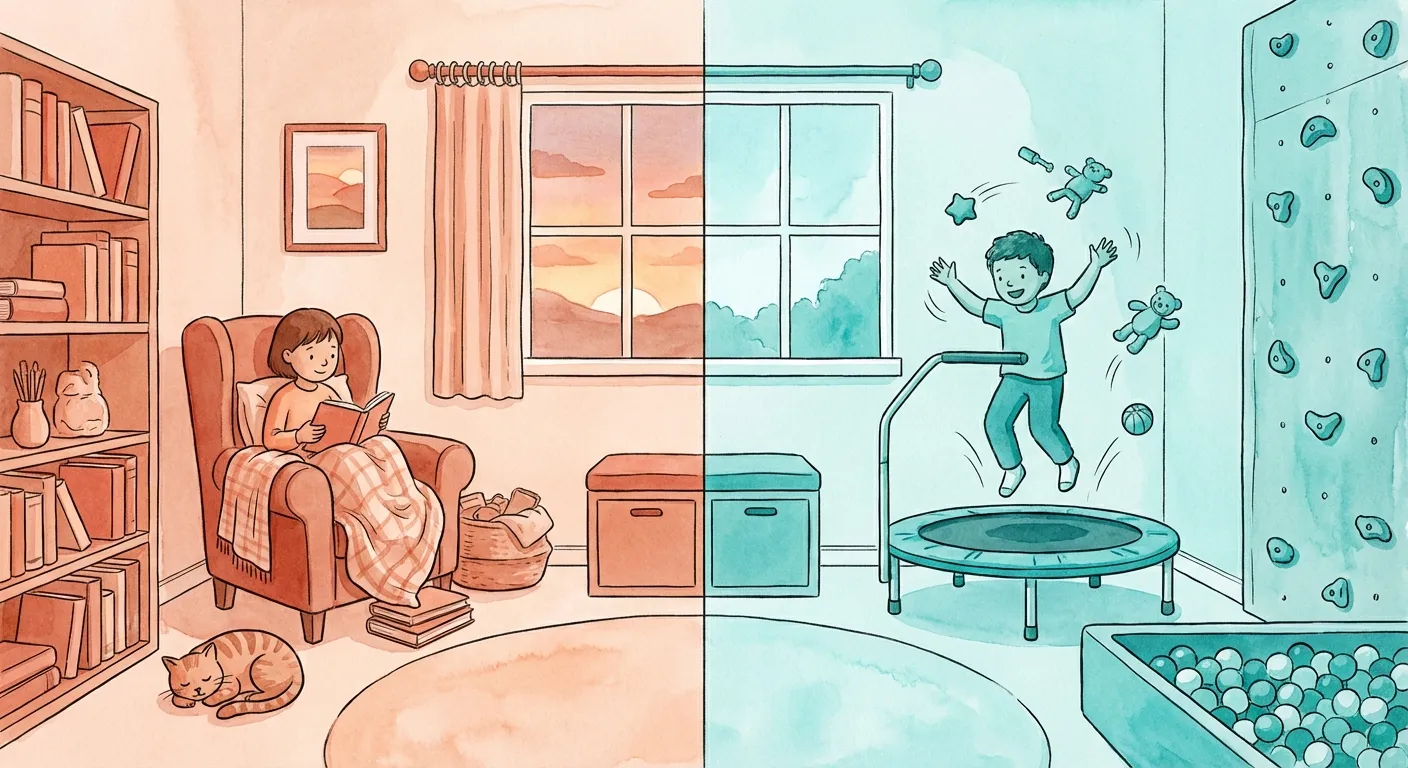 A cool teal bedroom with a child happily playing with building blocks