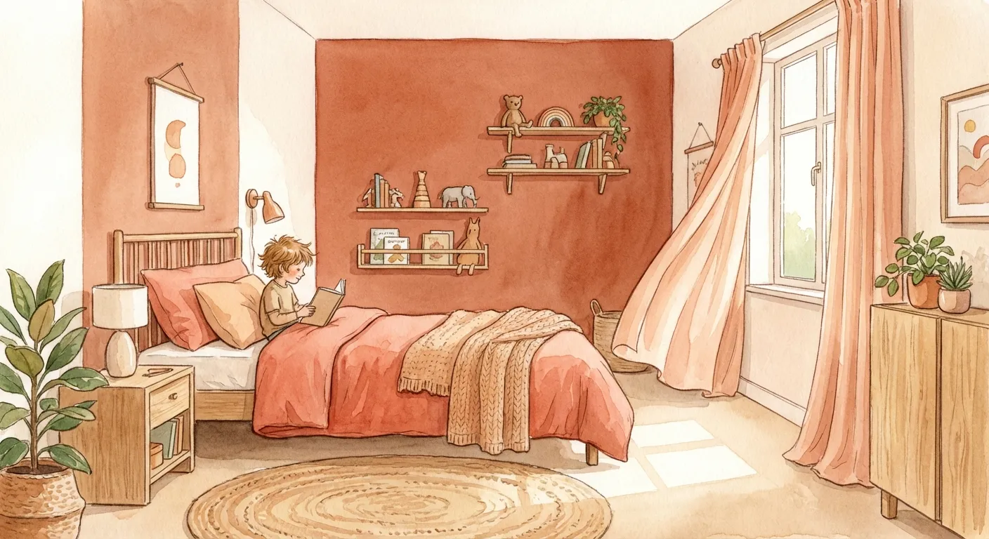A warm terracotta bedroom with a child reading peacefully on the bed