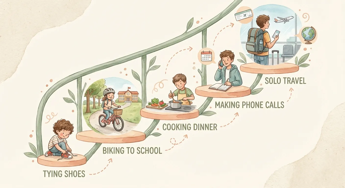 Visual ladder showing a child's independence journey from tying shoes to solo travel