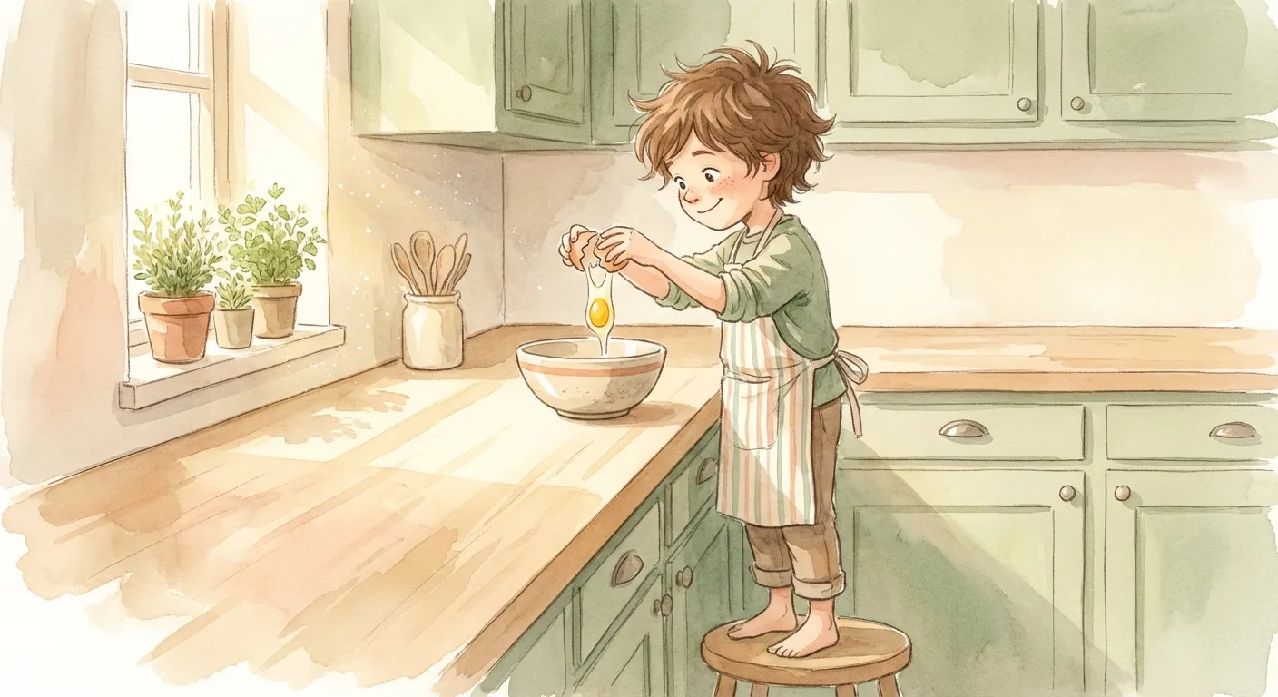 A child confidently cooking alone at a kitchen counter