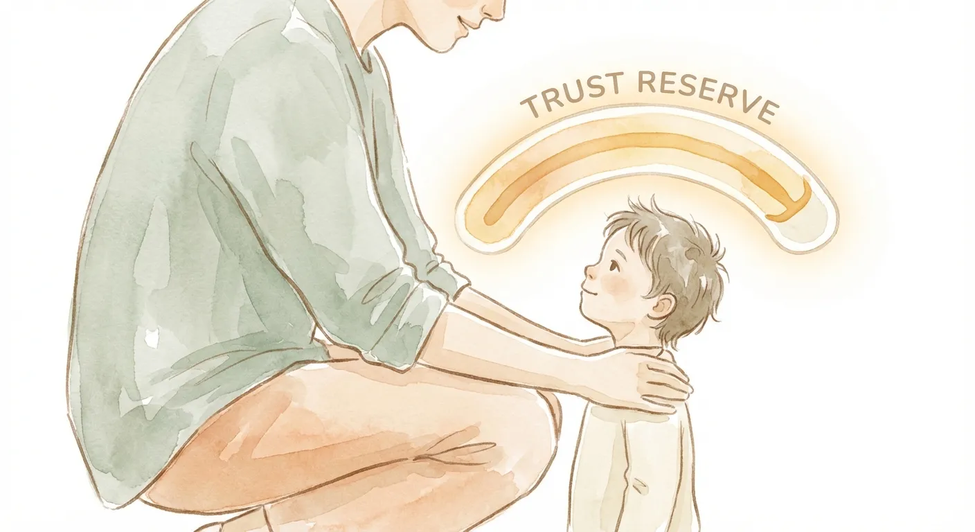 Parent kneeling to child's eye level, radiating calm connection