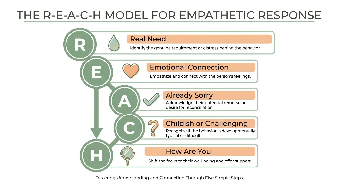 REACH diagnostic flow: Real Need, Emotional Connection, Already Sorry, Childish or Challenging, How Are You