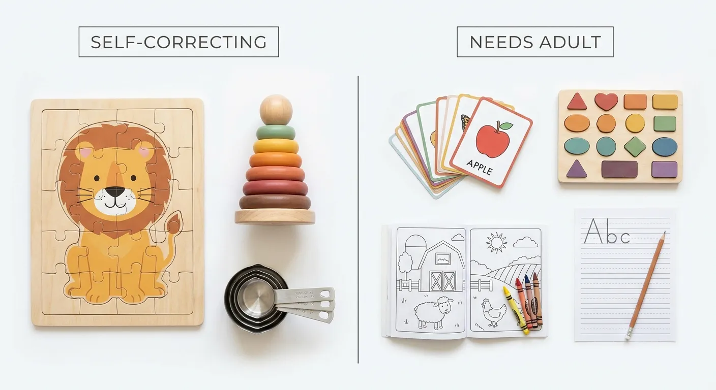 An organized grid showing toys and activities sorted into two categories: self-correcting and adult-dependent