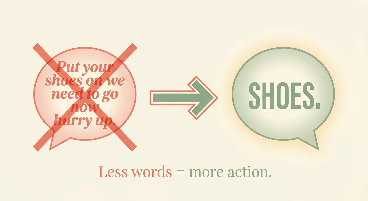 Comparison: a long nagging sentence versus a single word 'Shoes' — less words, more action