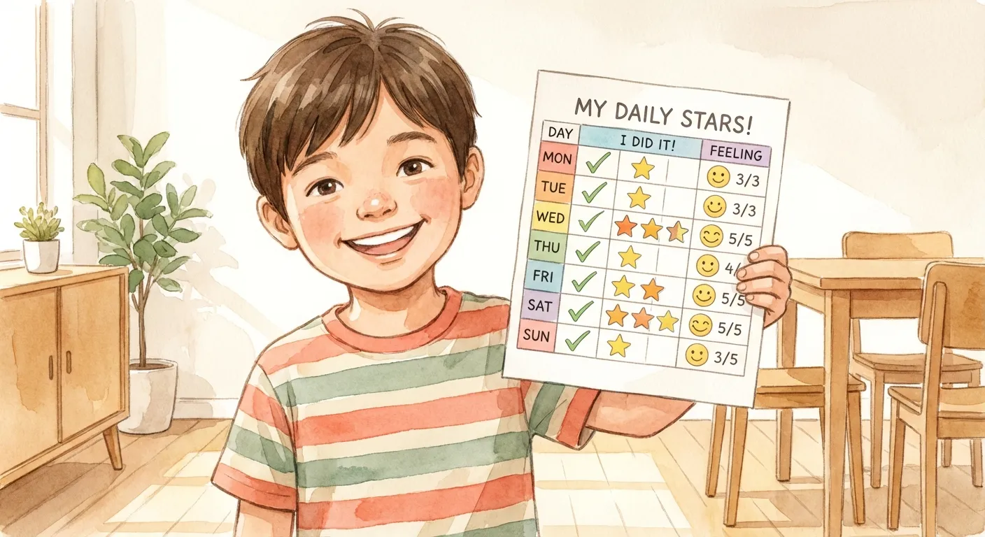 Parent and child reviewing a progress scorecard together at the kitchen table