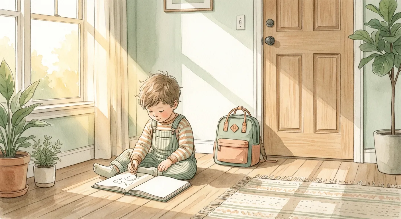 A child sitting contentedly on the floor drawing in a notebook, backpack already packed by the door, morning light streaming in. The scene radiates calm earned freedom.
