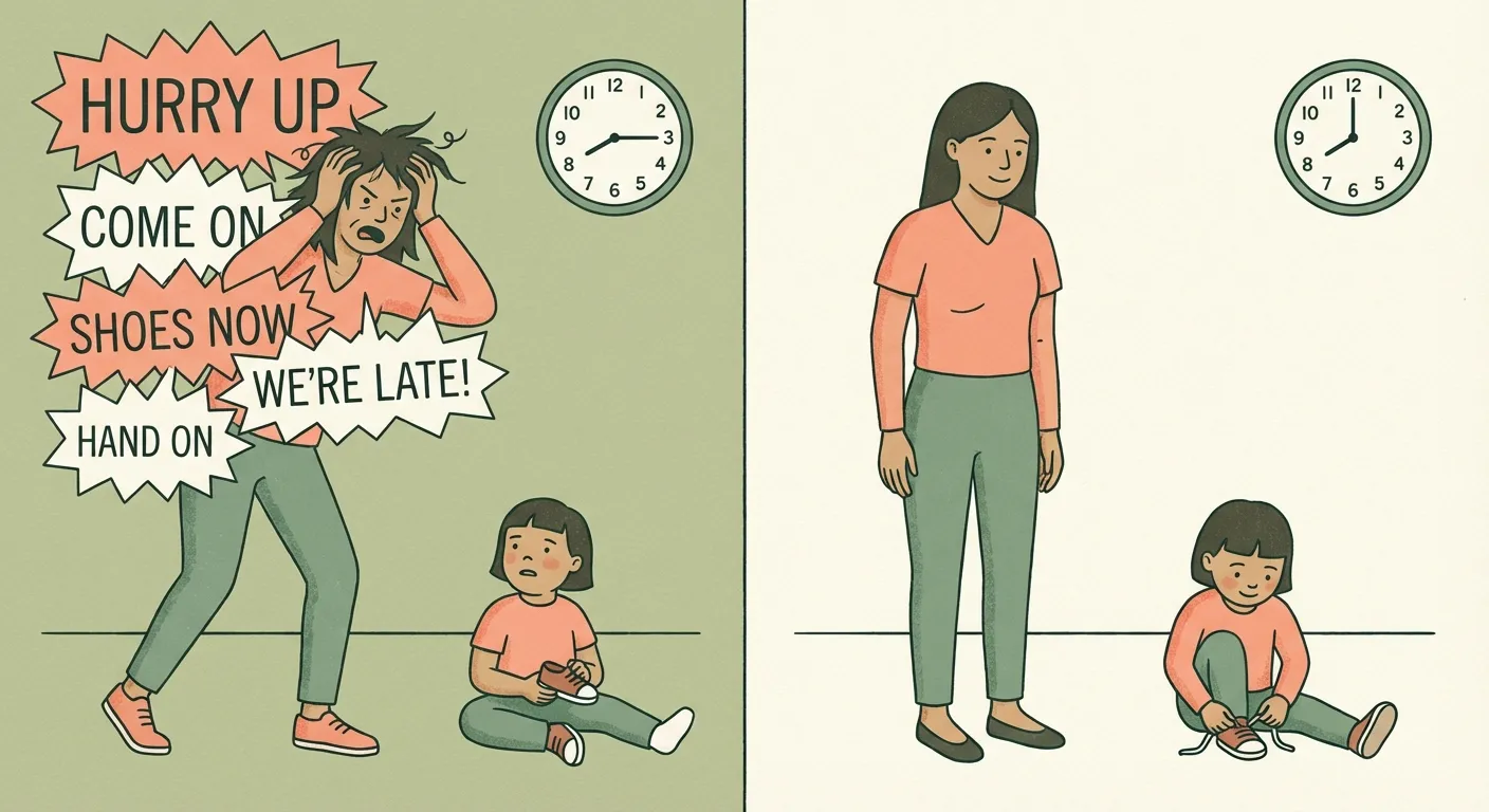 A split illustration showing two mornings: on the left, a parent with speech bubbles piling up while a child zones out; on the right, the same parent standing quietly nearby while the child ties their own shoes