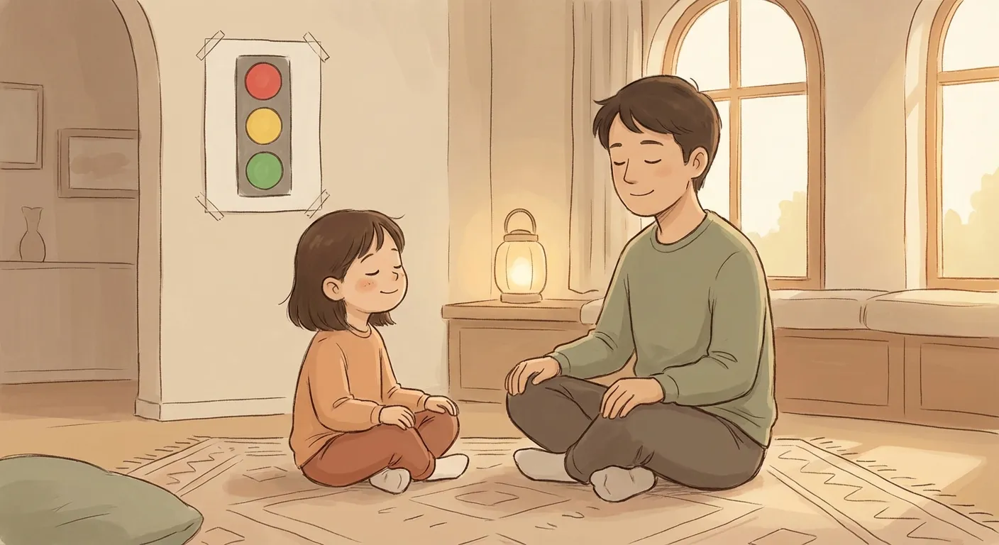 Parent and child practicing calm breathing together with a stoplight drawing on the wall