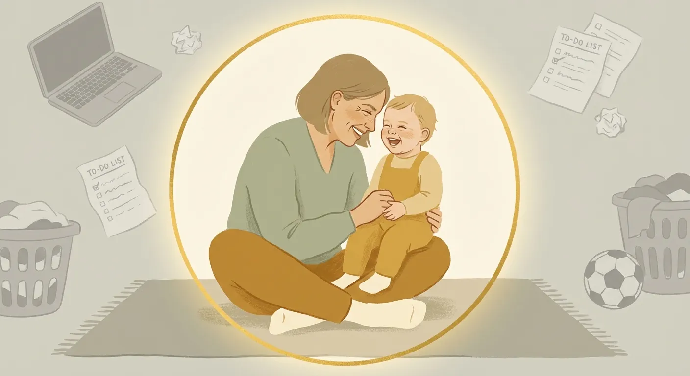 Parent fully present with child inside a glowing circle, surrounded by faded distractions