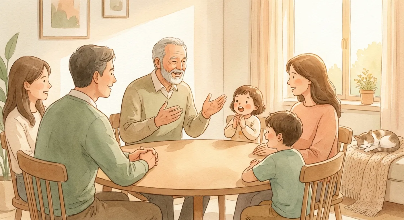 A family gathered around a dinner table sharing stories across generations