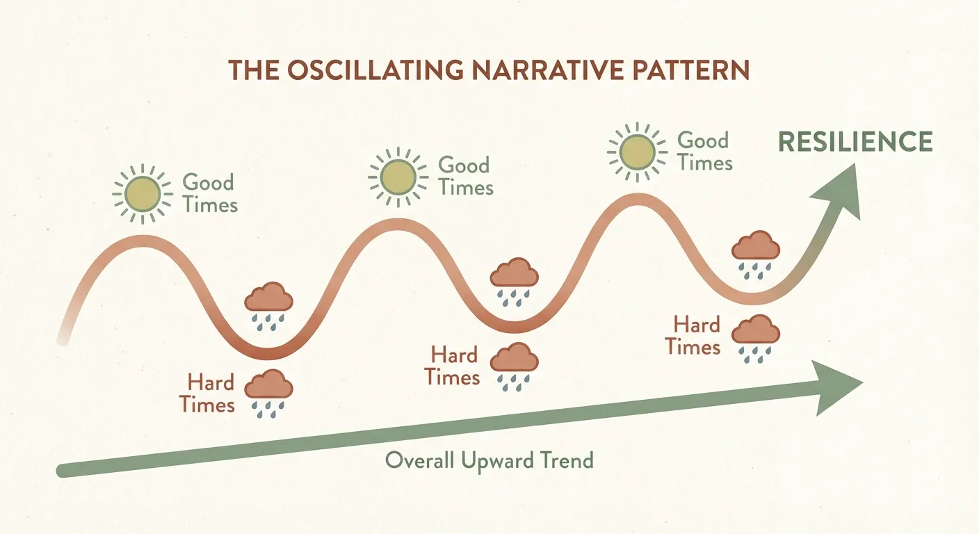 Diagram showing the oscillating narrative pattern — ups and downs trending upward toward resilience