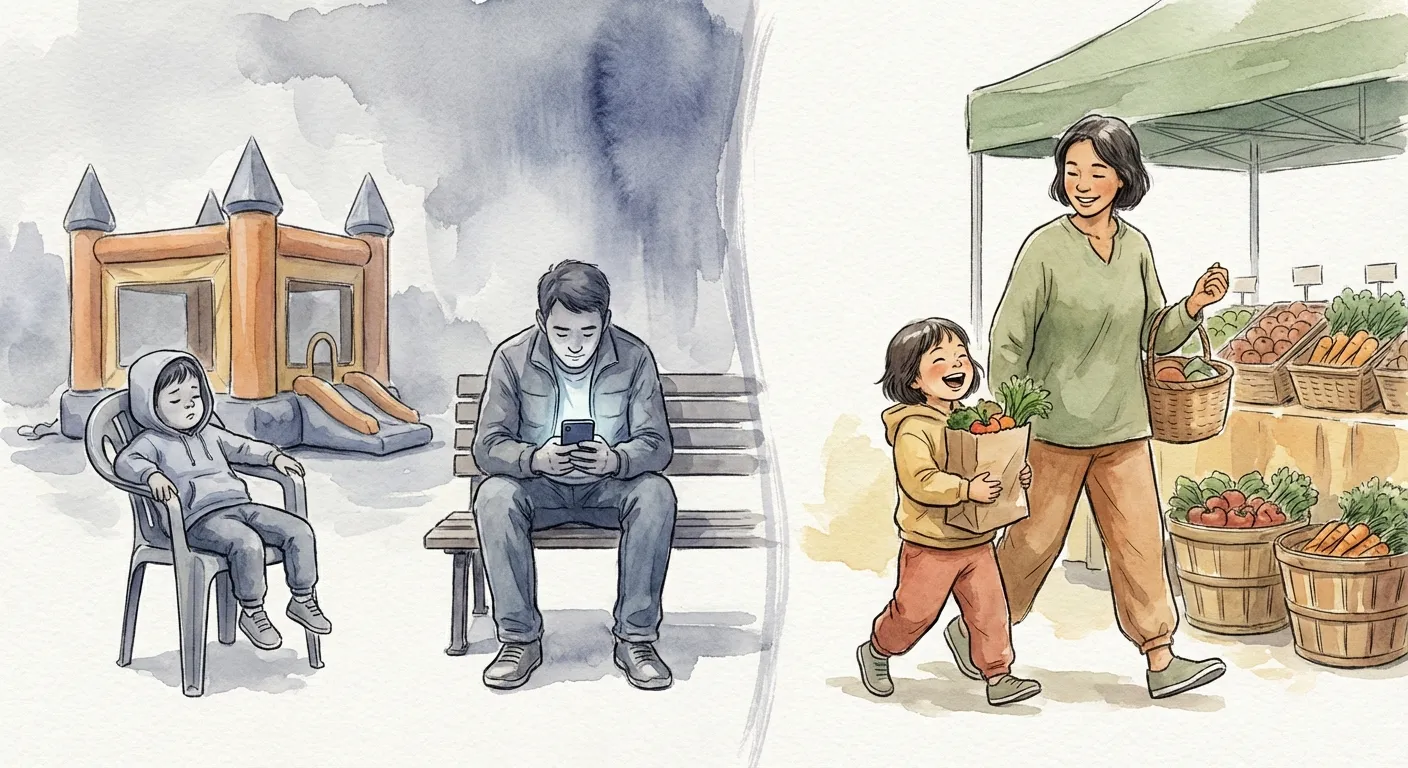 Split illustration: left shows a passive child at a bounce house, right shows an engaged child helping at a farmers market