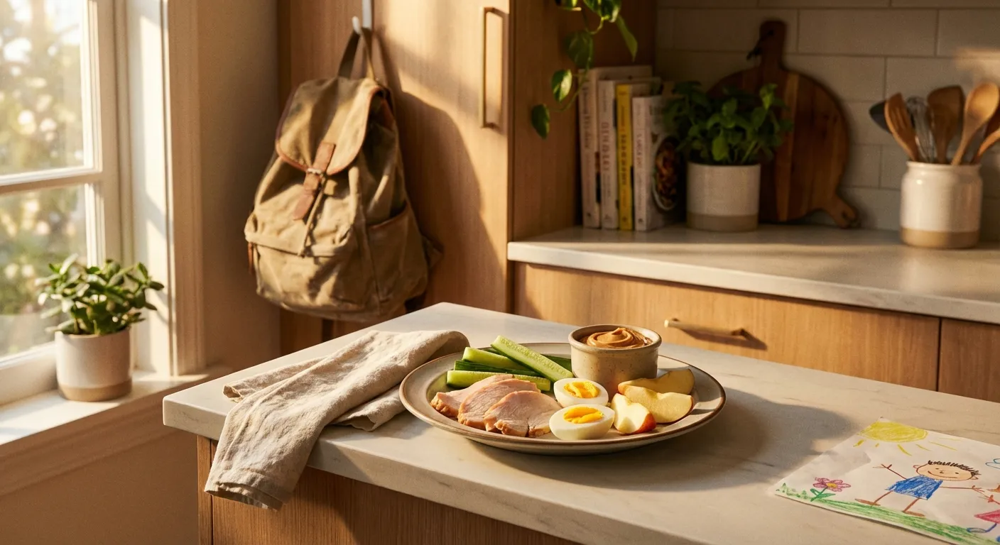 Ready-to-go after-school snack plate with protein-rich foods on a kitchen counter