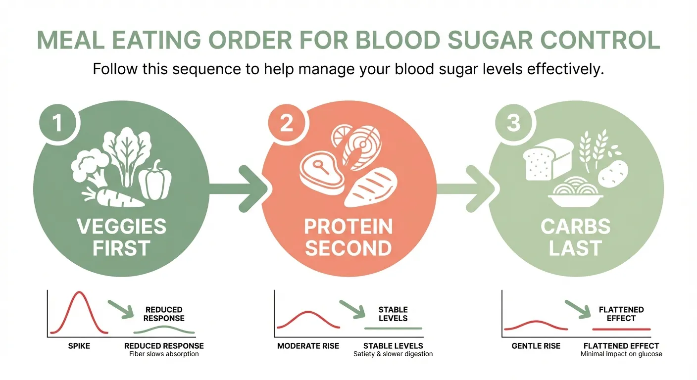 Meal eating order for blood sugar control: veggies first, protein second, carbs last