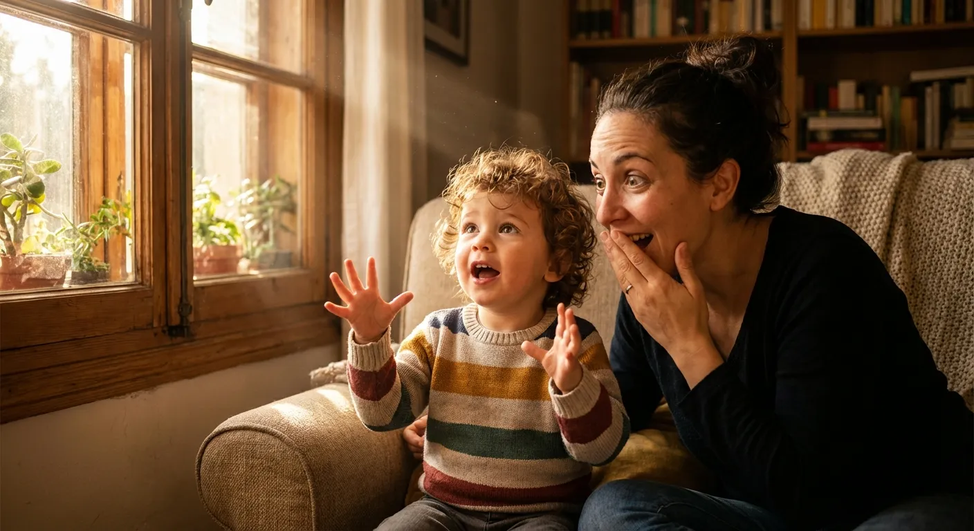 Child speaking animatedly while parent looks amazed and delighted