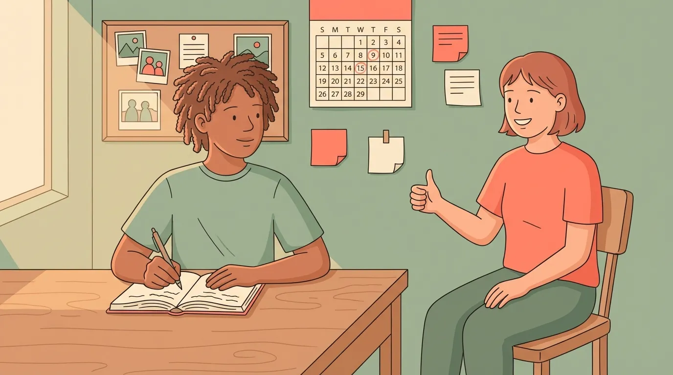 Illustration of a teen journaling goals with a supportive friend nearby