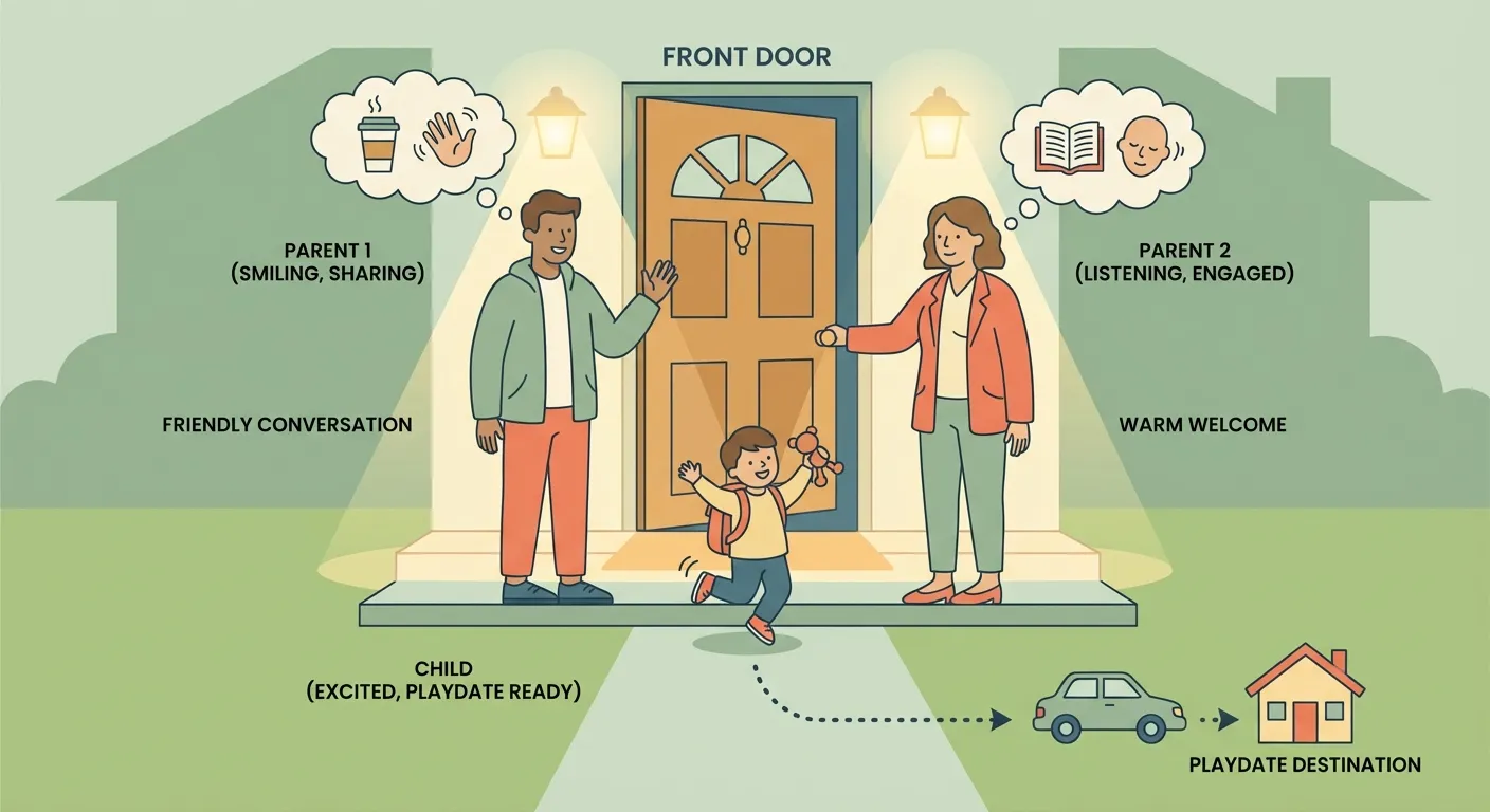 Two parents chatting warmly at a front door during playdate drop-off