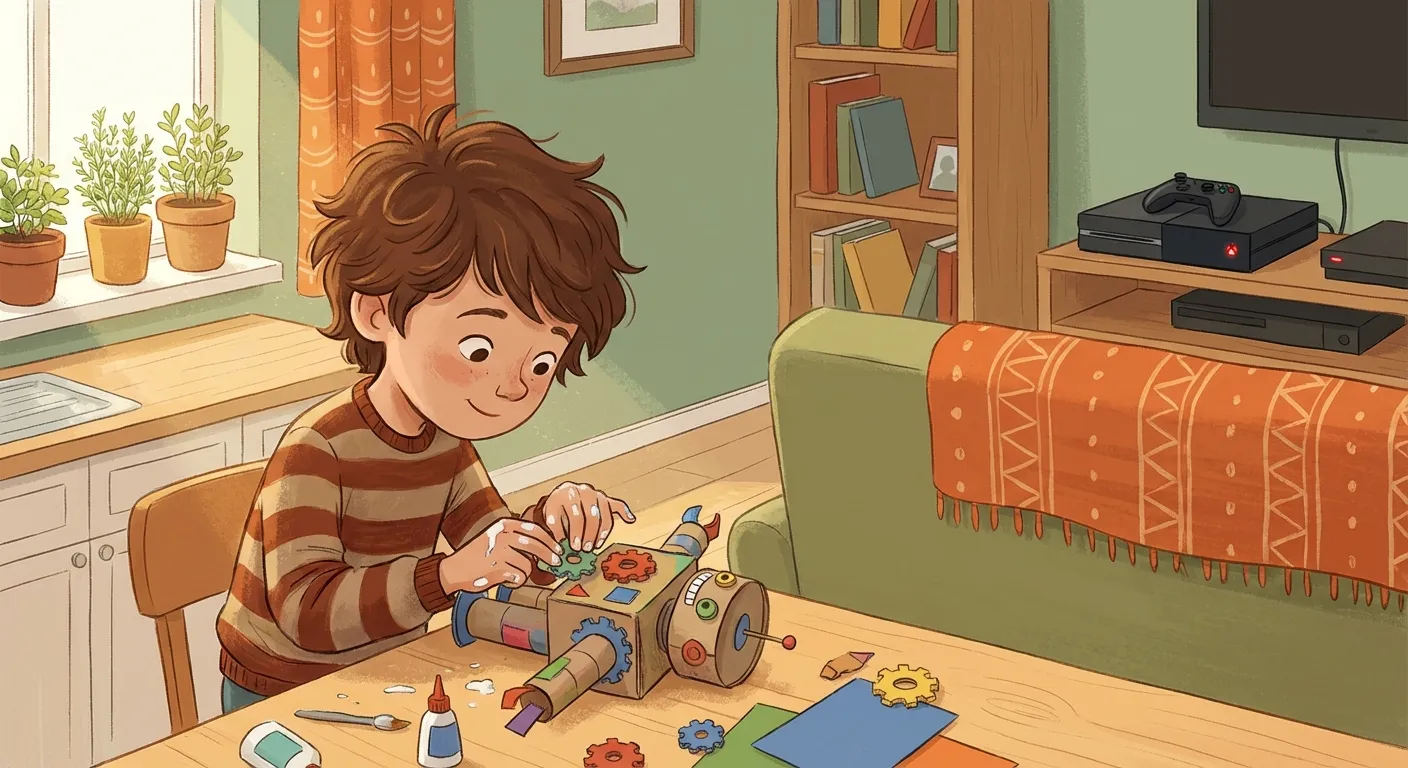 A child focused on a creative project at a kitchen table, with a gaming console visible but powered off on a shelf in the background