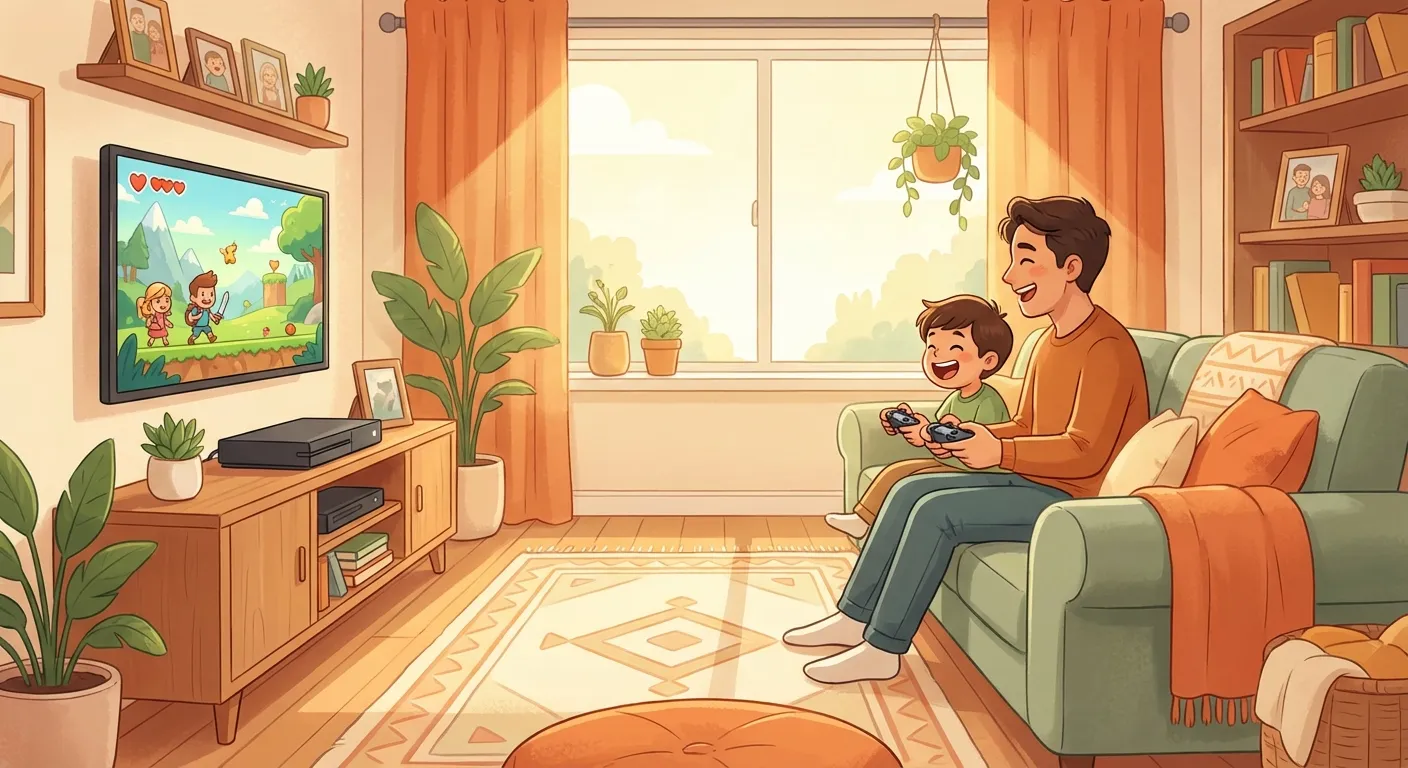 A parent and child gaming together in a shared family living room, both laughing and connected