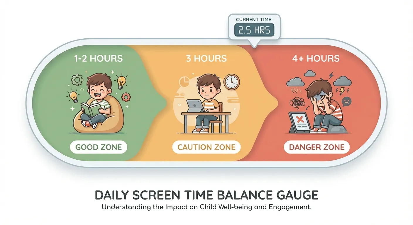 An infographic showing gaming time zones: 1-2 hours in green (sweet spot), 3 hours in yellow (caution), 4+ hours in red (danger zone)