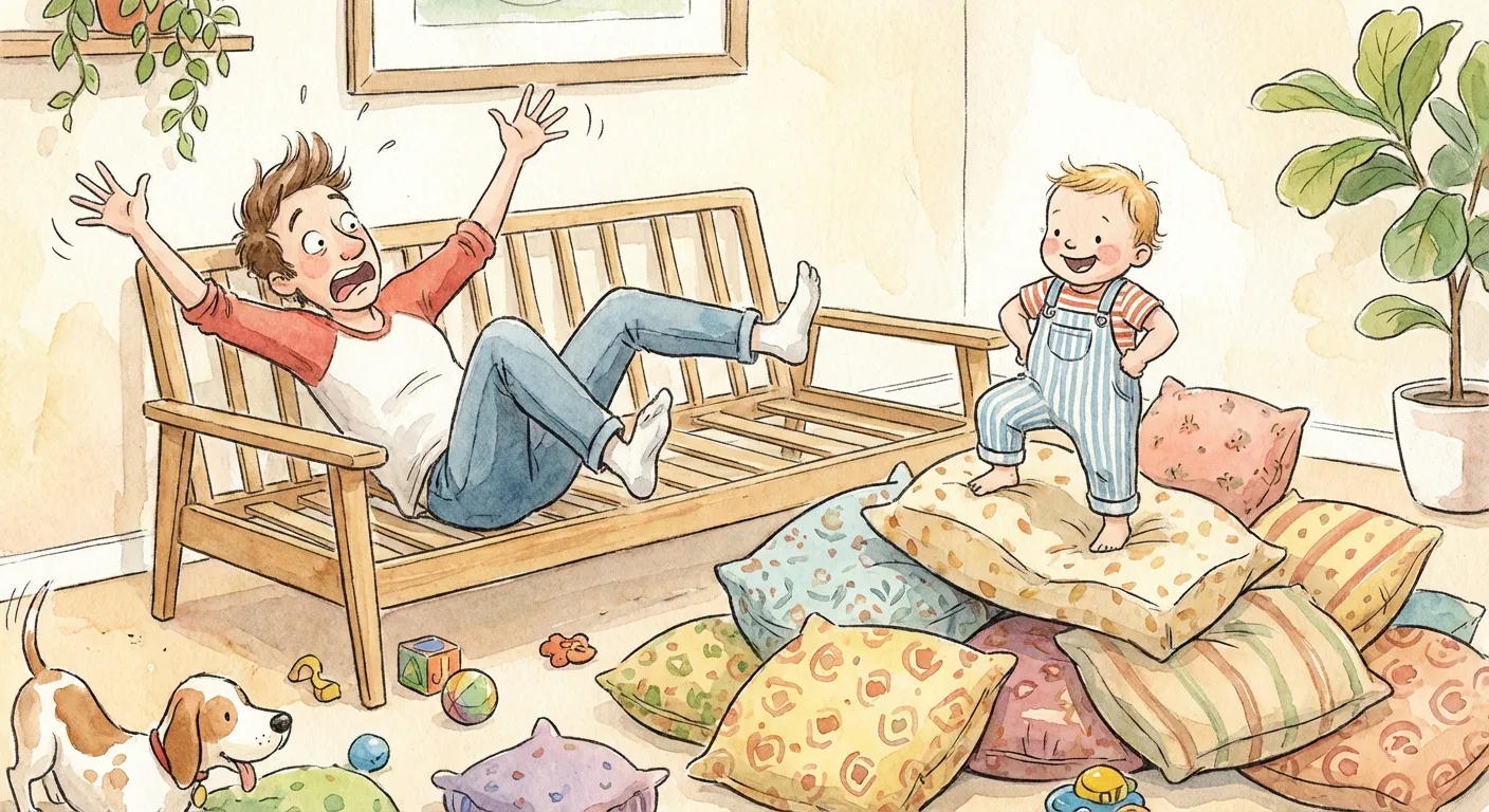 Parent playfully defeated while child triumphs over couch cushions