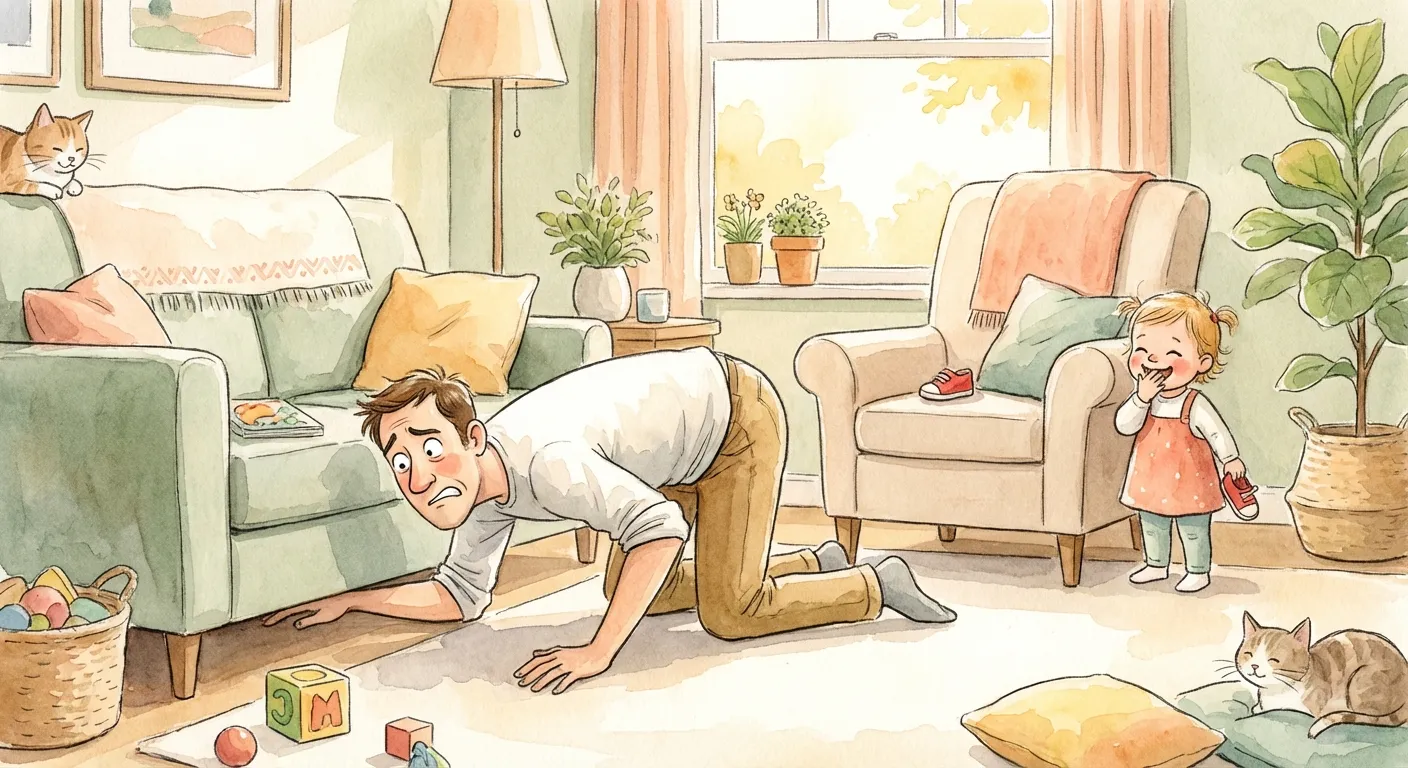 Parent searching for shoes while child hides them behind their back