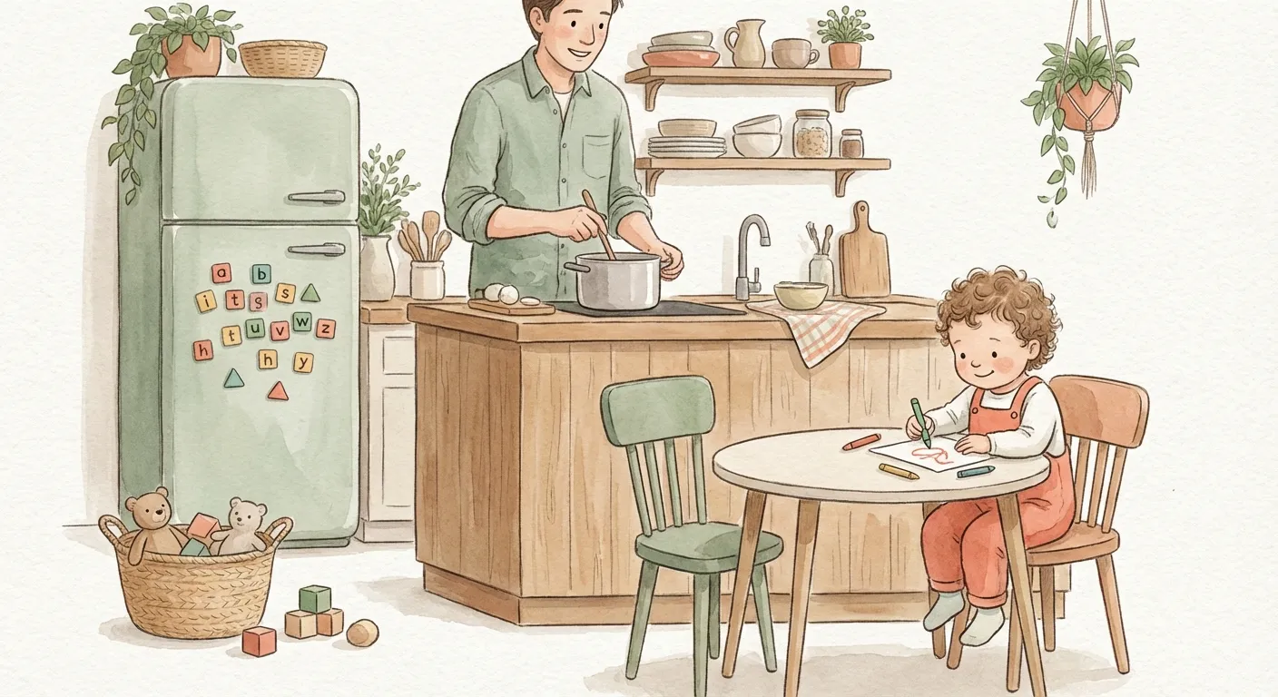 A parent cooking while a child plays happily at a small nearby table