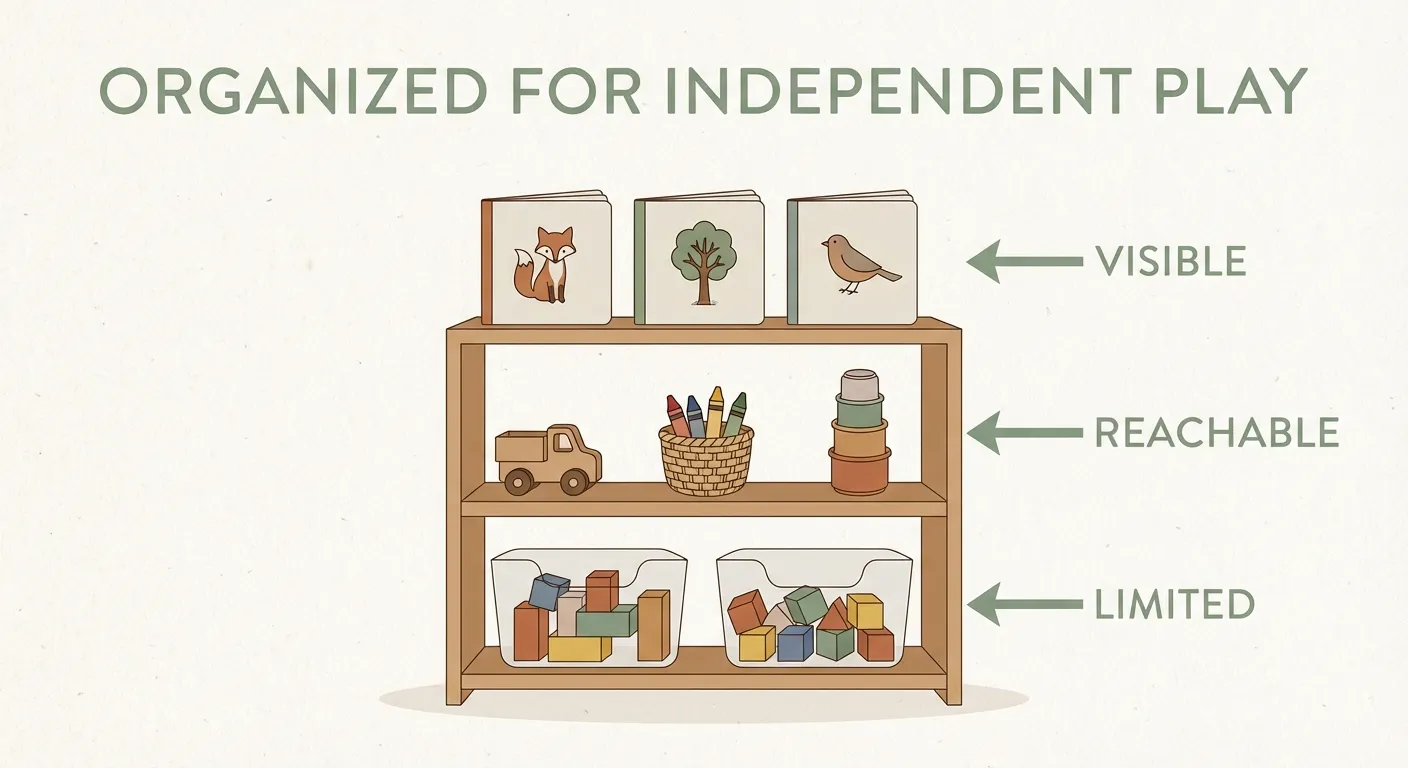 A well-organized low shelf showing toys displayed individually — visible, reachable, and limited