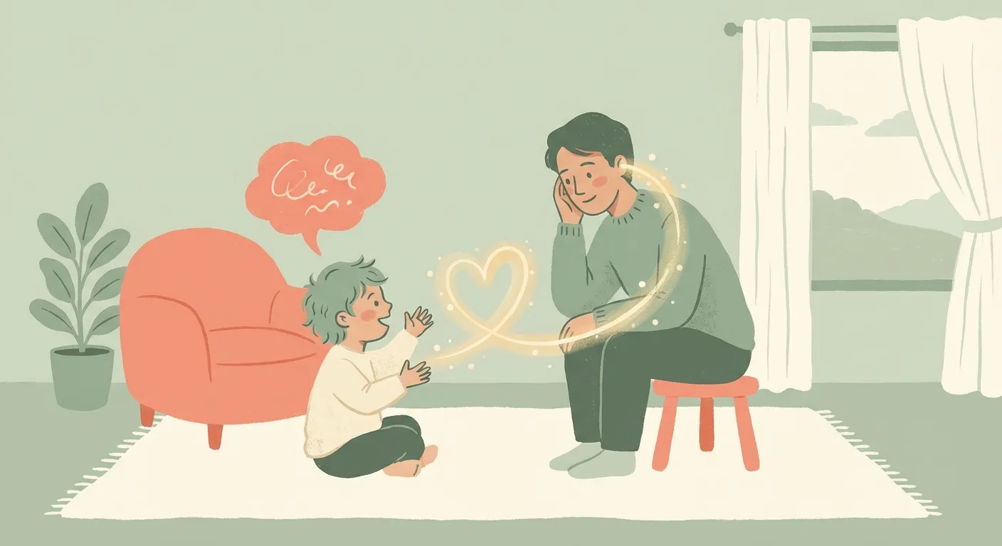 A parent and child sitting together, listening and connecting