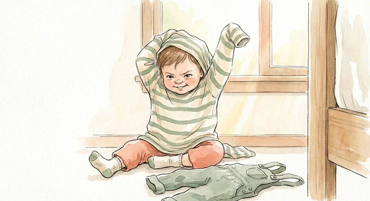 Young child pulling a shirt on by themselves with determination