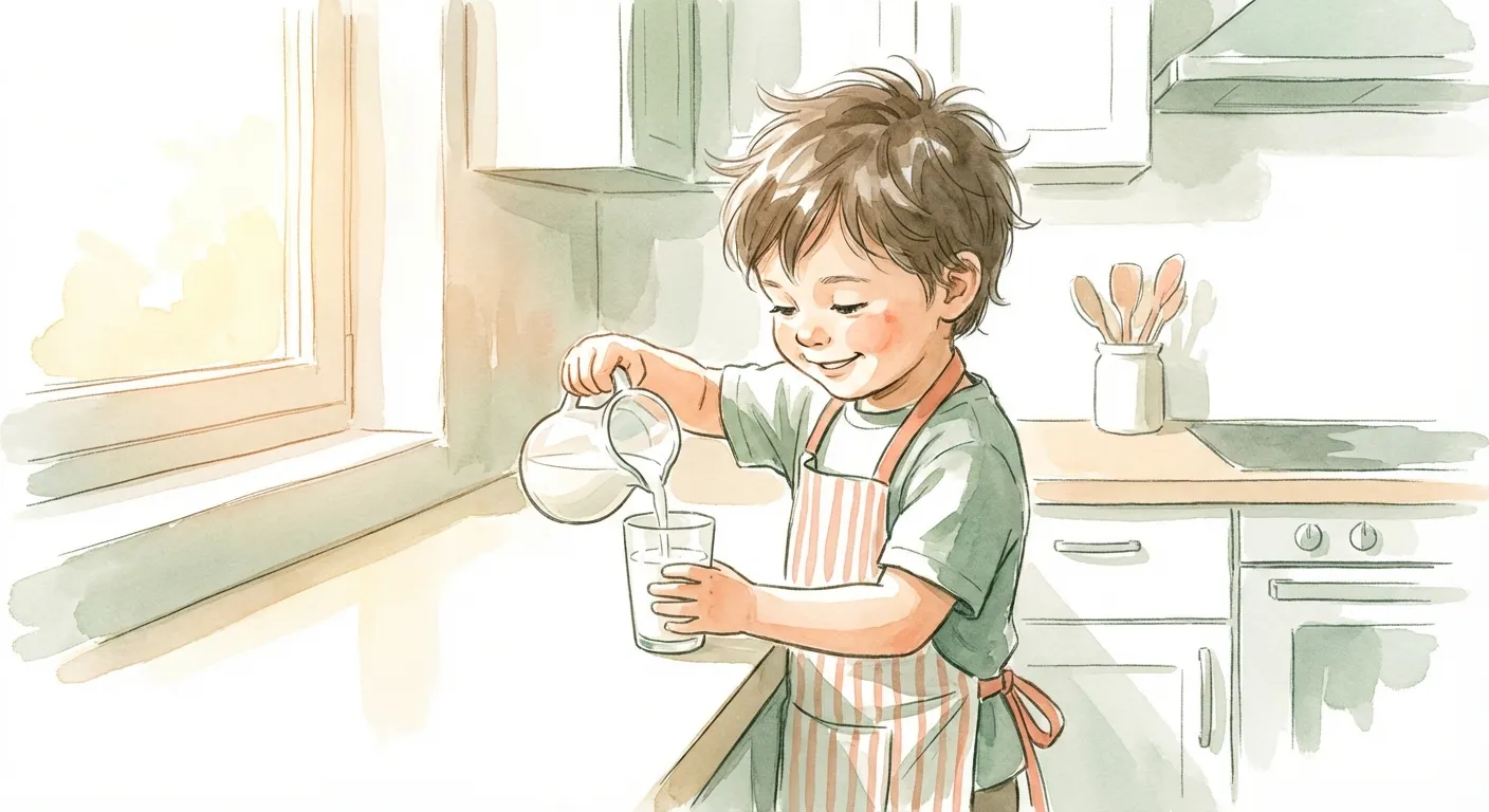 Young child confidently pouring milk by themselves in morning light