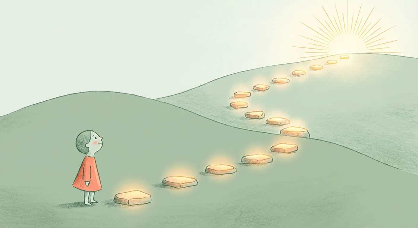 Small stepping stones building upward, each glowing brighter