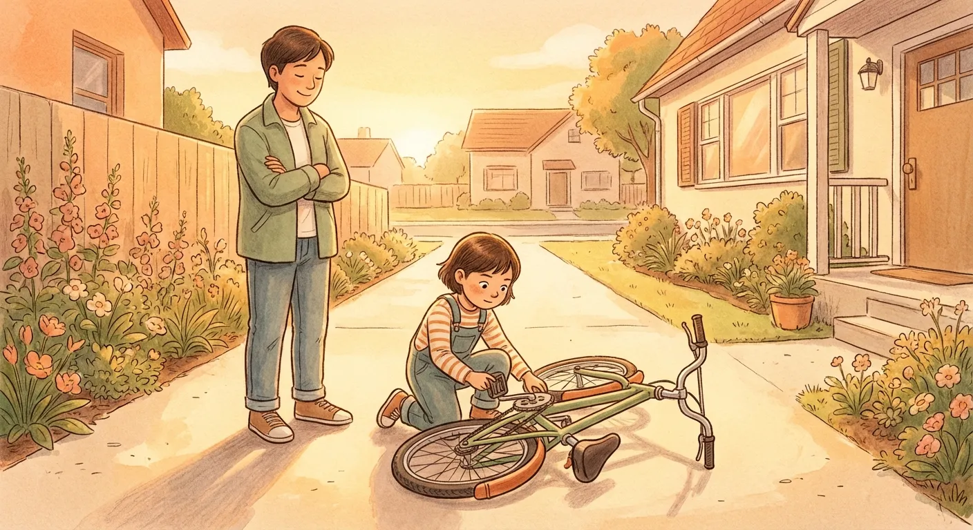 A parent calmly watching their child figure out a problem on their own