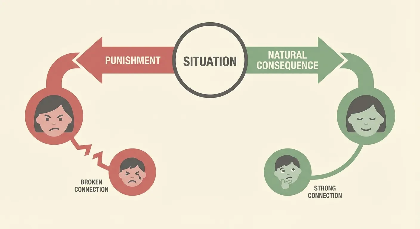 Diagram showing punishment leads to broken connection, while natural consequences maintain a strong parent-child connection