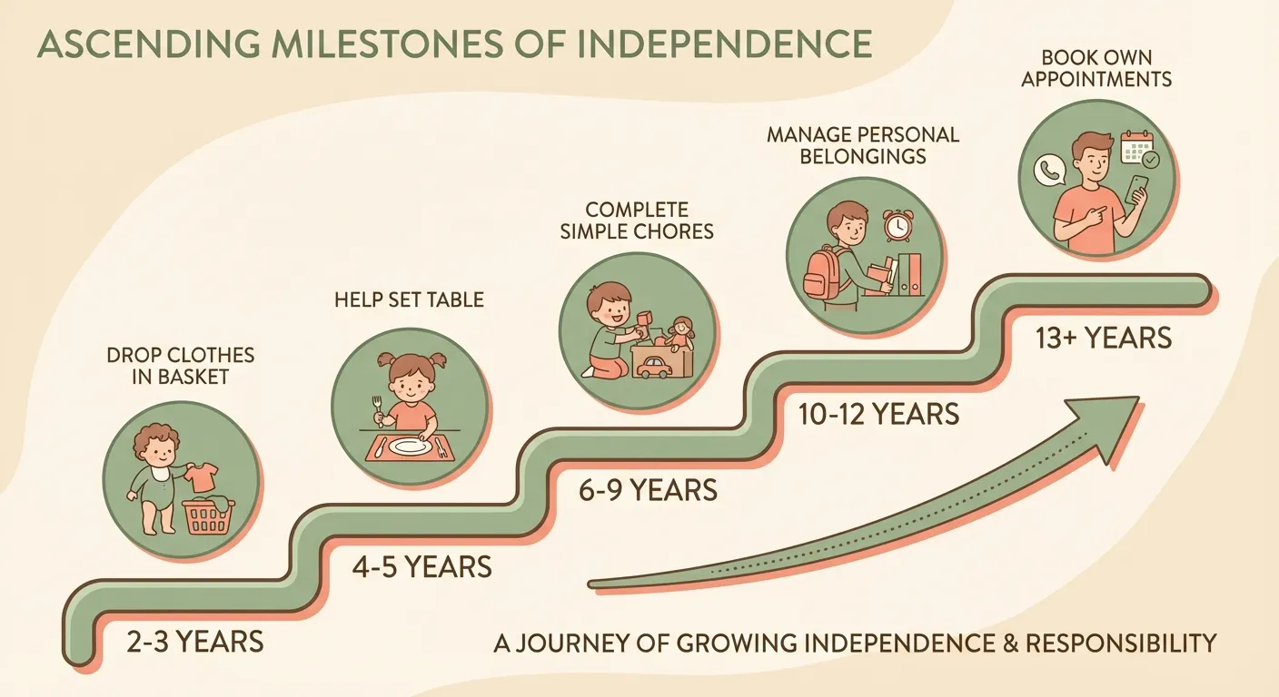 Visual showing five ascending levels of childhood responsibility from toddler tasks to teen independence